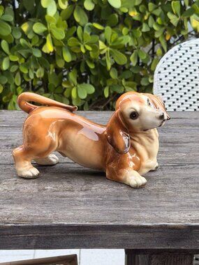 Vintage Large Dachshund Playful Japan Mid-Century Brown Glazed Porcelain Dog